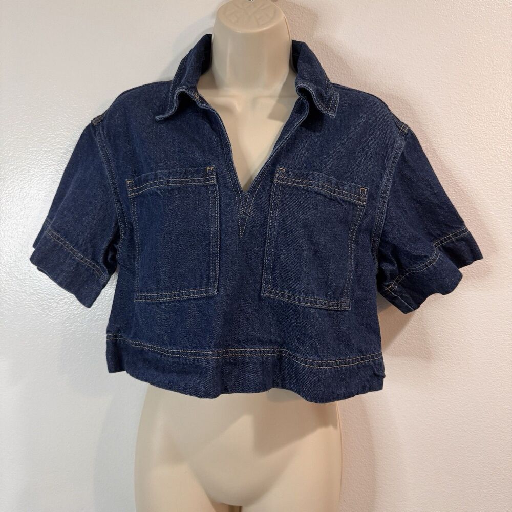 Divided H&M Denim Crop Top Shirt XS Jean Dark Wash Western Cowgirl 100% Cotton